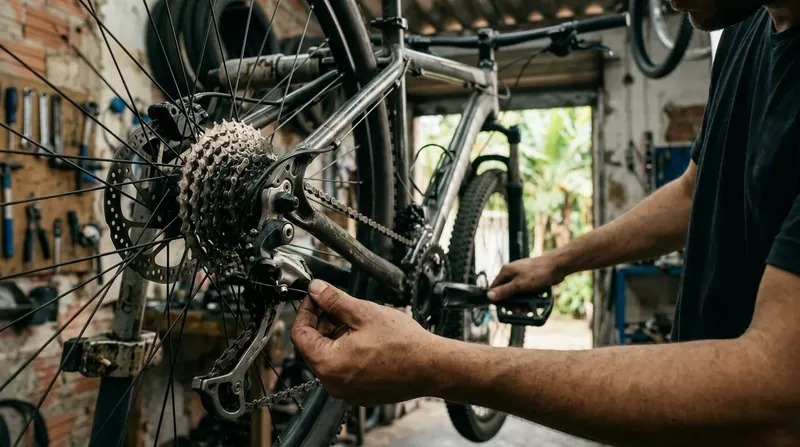 Mecânico ajustando o regulador de tensão do câmbio traseiro de uma mountain bike no cavalete