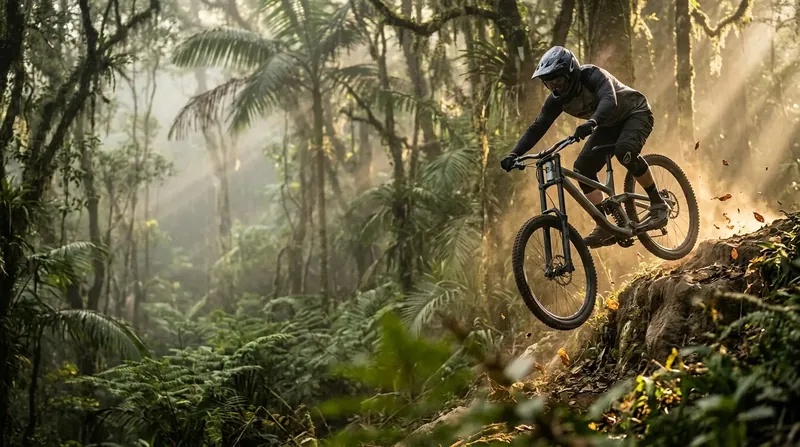 Ciclista de mountain bike descendo uma trilha de terra no meio da mata