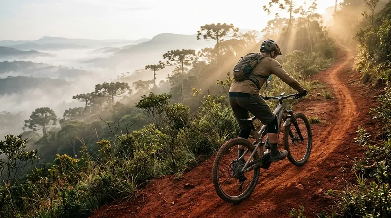 Ciclista numa mountain bike elétrica com motor central subindo uma trilha de terra na mata