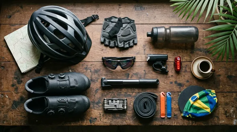 Equipamento de ciclismo arrumado numa bancada de madeira: capacete, sapatilhas, luvas, óculos, caramanhola, farol, bomba, ferramenta e câmara