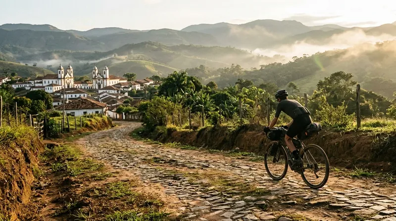 Ciclista de gravel com bolsas de bikepacking numa estrada de pedra e terra perto de uma cidade colonial, com morros na névoa