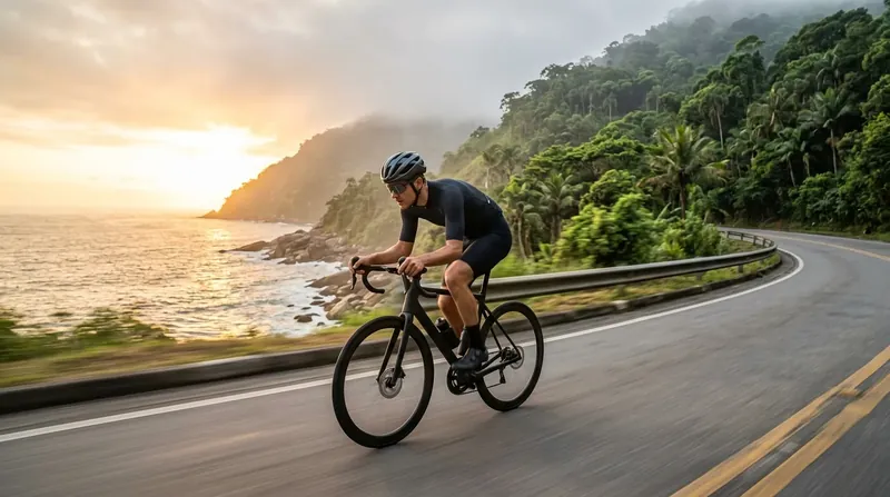 Ciclista de speed pedalando numa estrada costeira entre a Mata Atlântica e o mar ao nascer do sol