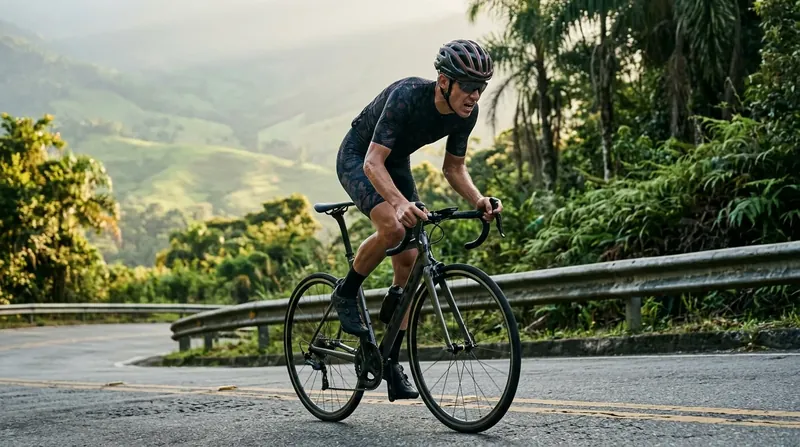 Ciclista de speed subindo uma serra em pé nos pedais durante um treino de tiros, com o vale verde ao fundo